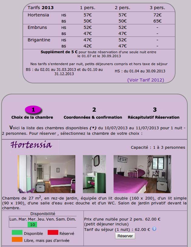 la disponibilité et réservation en ligne d'une chambre d'hôtes audierne